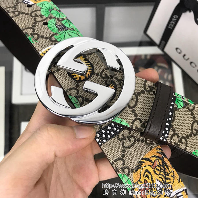 GUCCI古馳 官網經典 原單品質 對版孟加拉虎面料 咖啡色牛皮底 雙G拋光亮面扣 男士皮帶  xfp1450